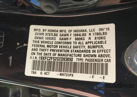 2016 Honda Civic Lx from USA, damaged, VIN 19XFC2F52GE093850